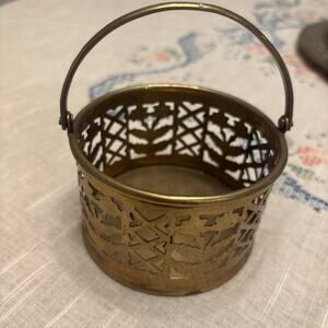 Vintage Brass Floral Collectible Decorative Display Basket Swing Handle 4”